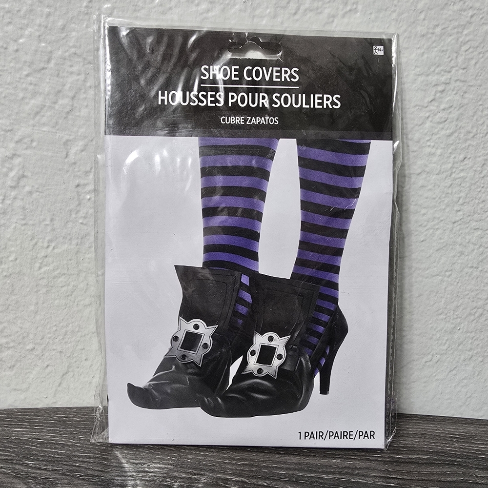 NWT Black Shoe Covers with Purple Striped Socks